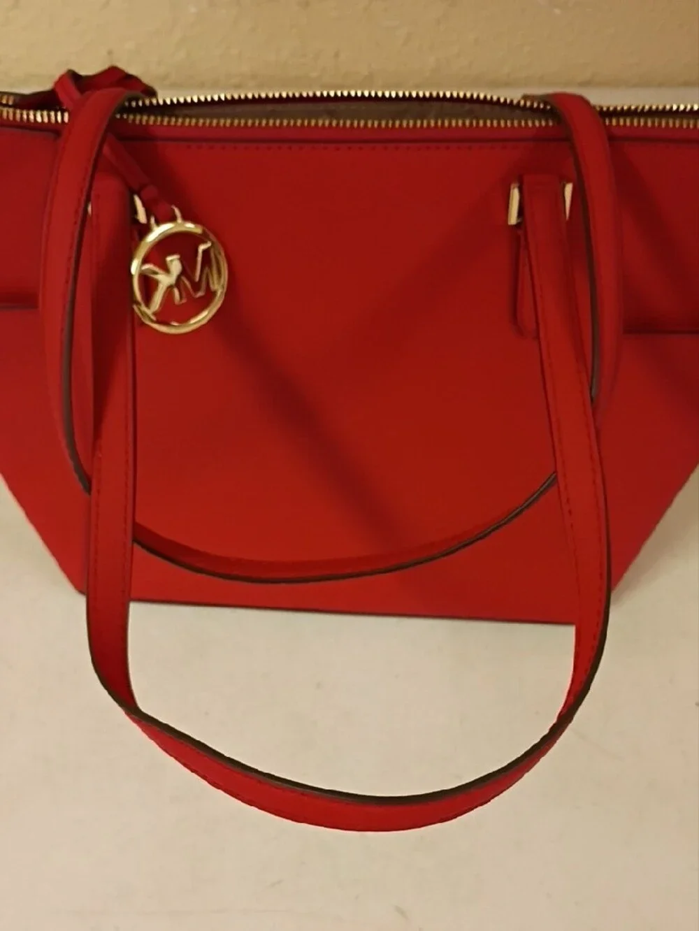 Michael Kors Bright Red Saffiano Tote with Gold Hardware